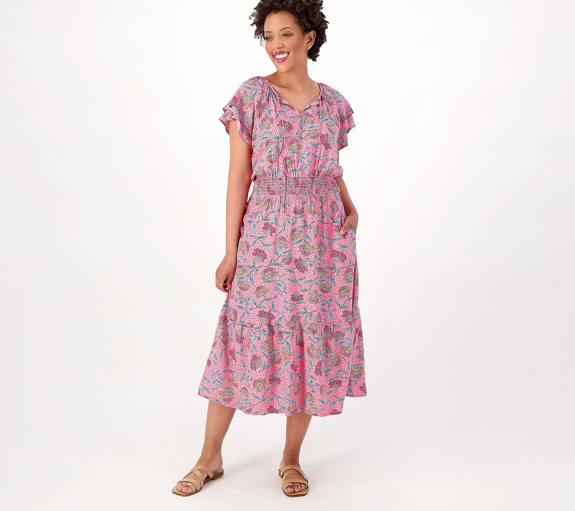 Printed Short-Sleeve Midi Dress with Smocking