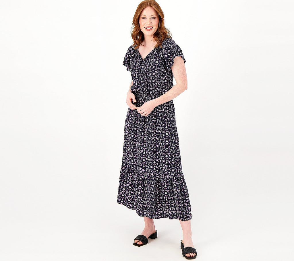 Printed Short-Sleeve Midi Dress with Smocking
