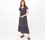 Printed Short-Sleeve Midi Dress with Smocking