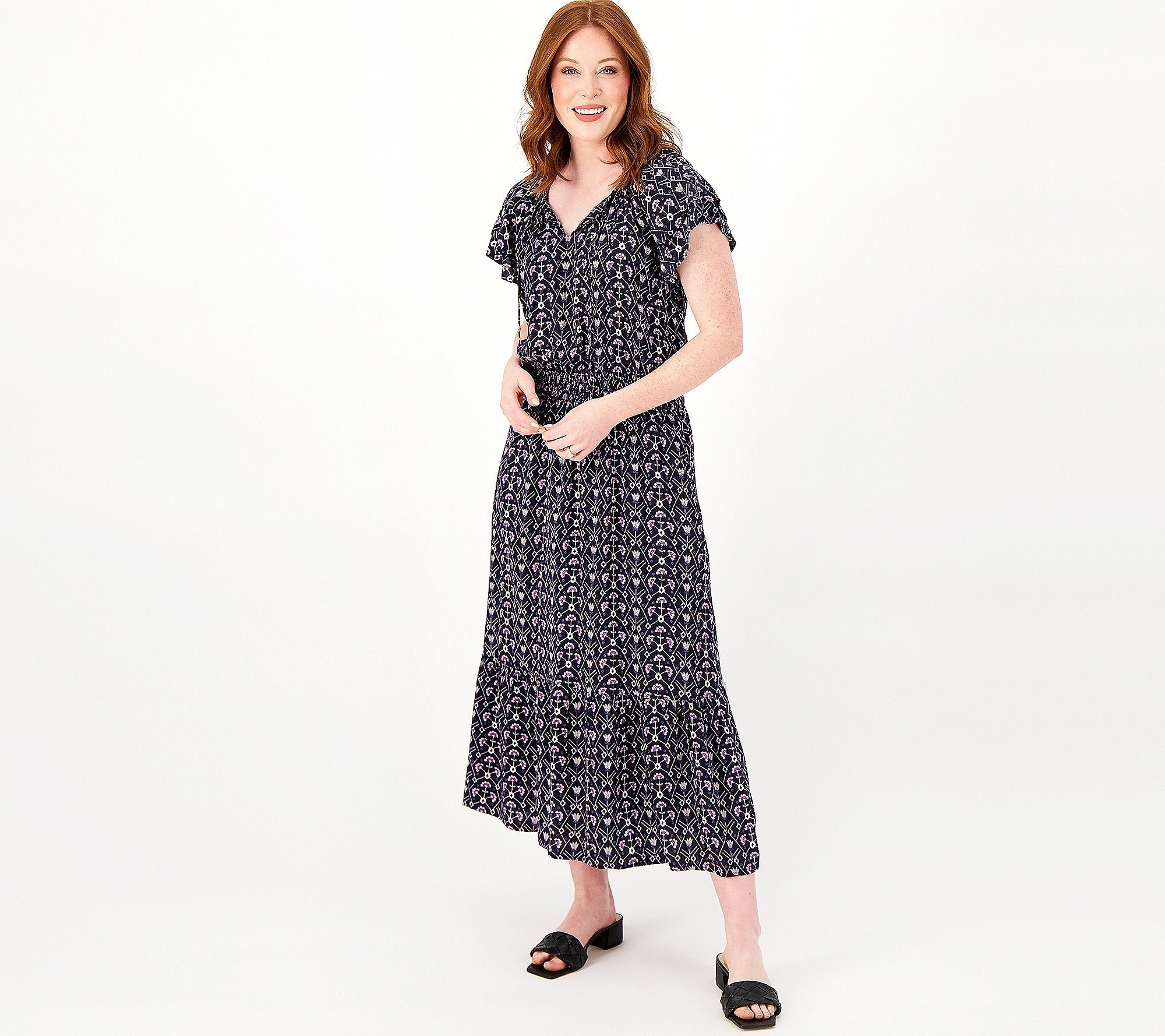 Printed Short-Sleeve Midi Dress with Smocking