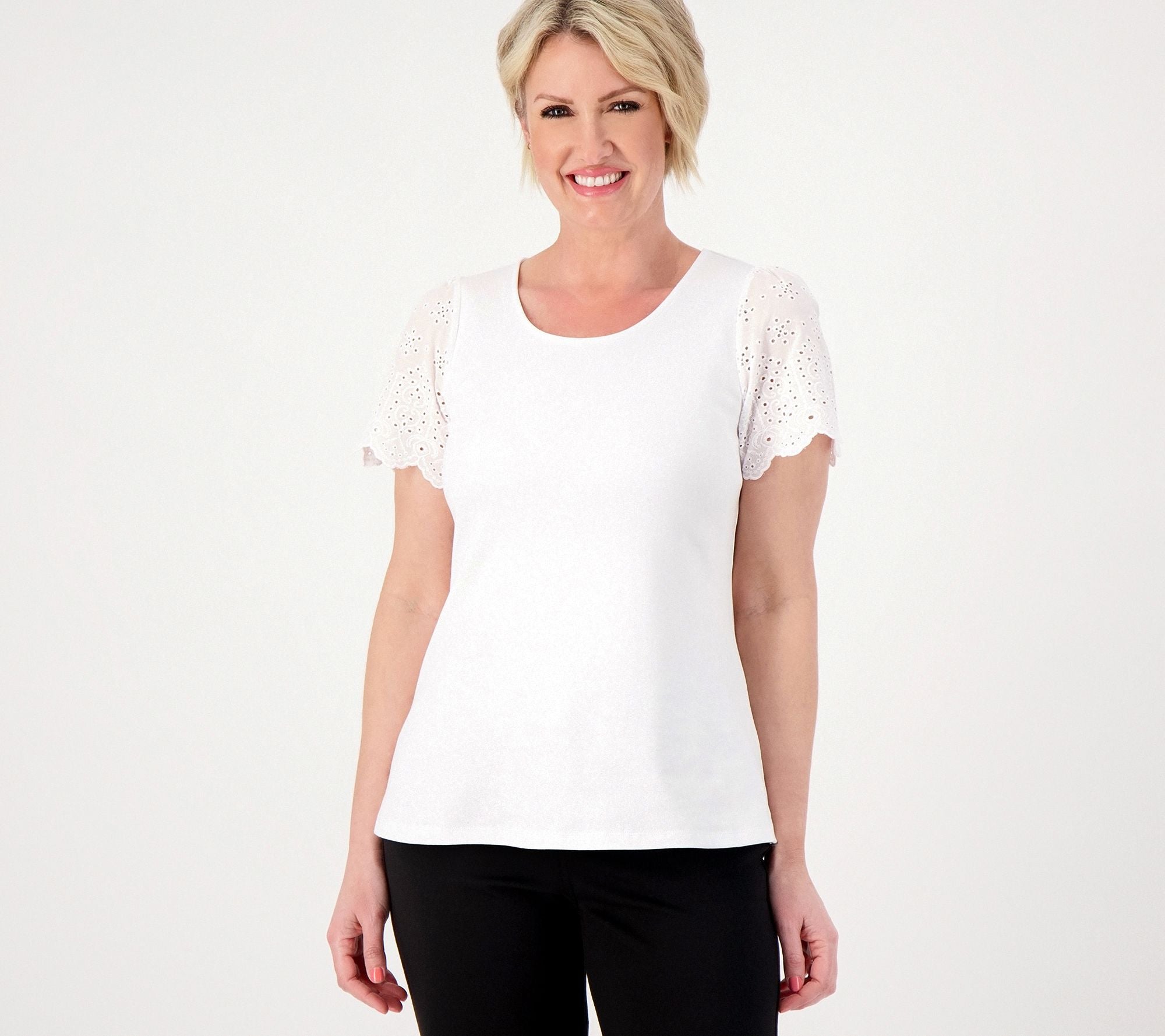 Knit Swing Top with Eyelet Sleeves - Bright White