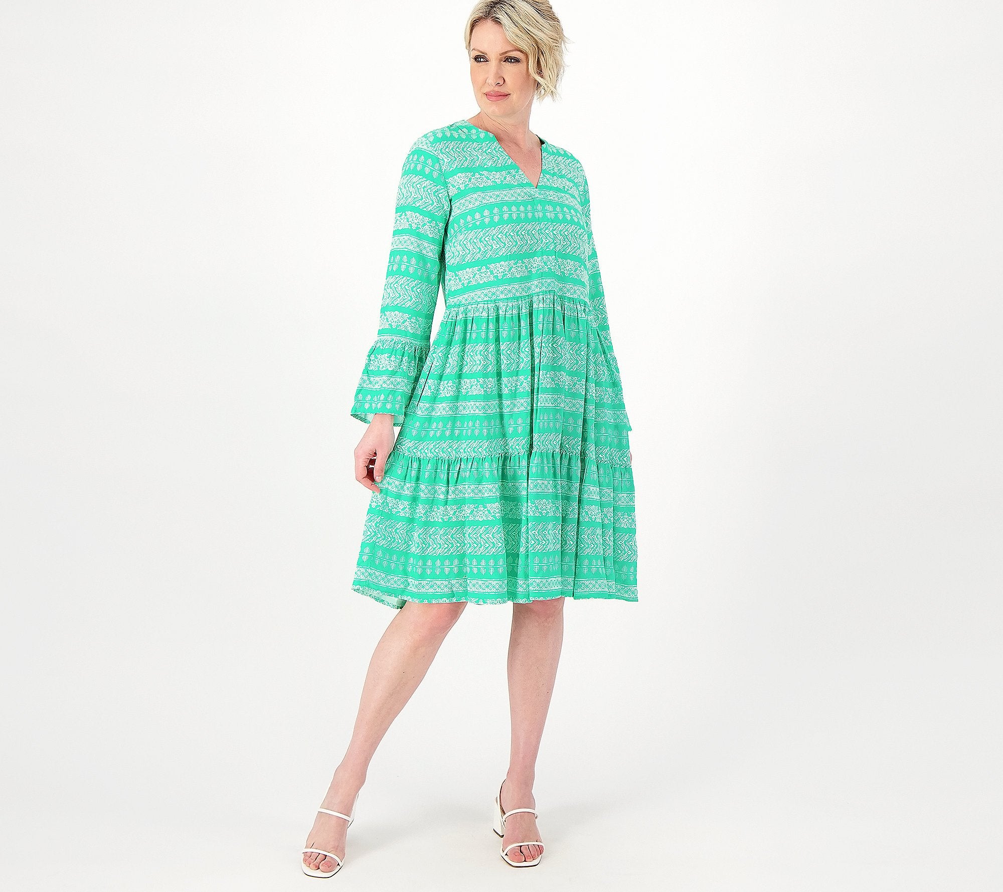 Printed 3/4 SleeveSplit Neck Dress