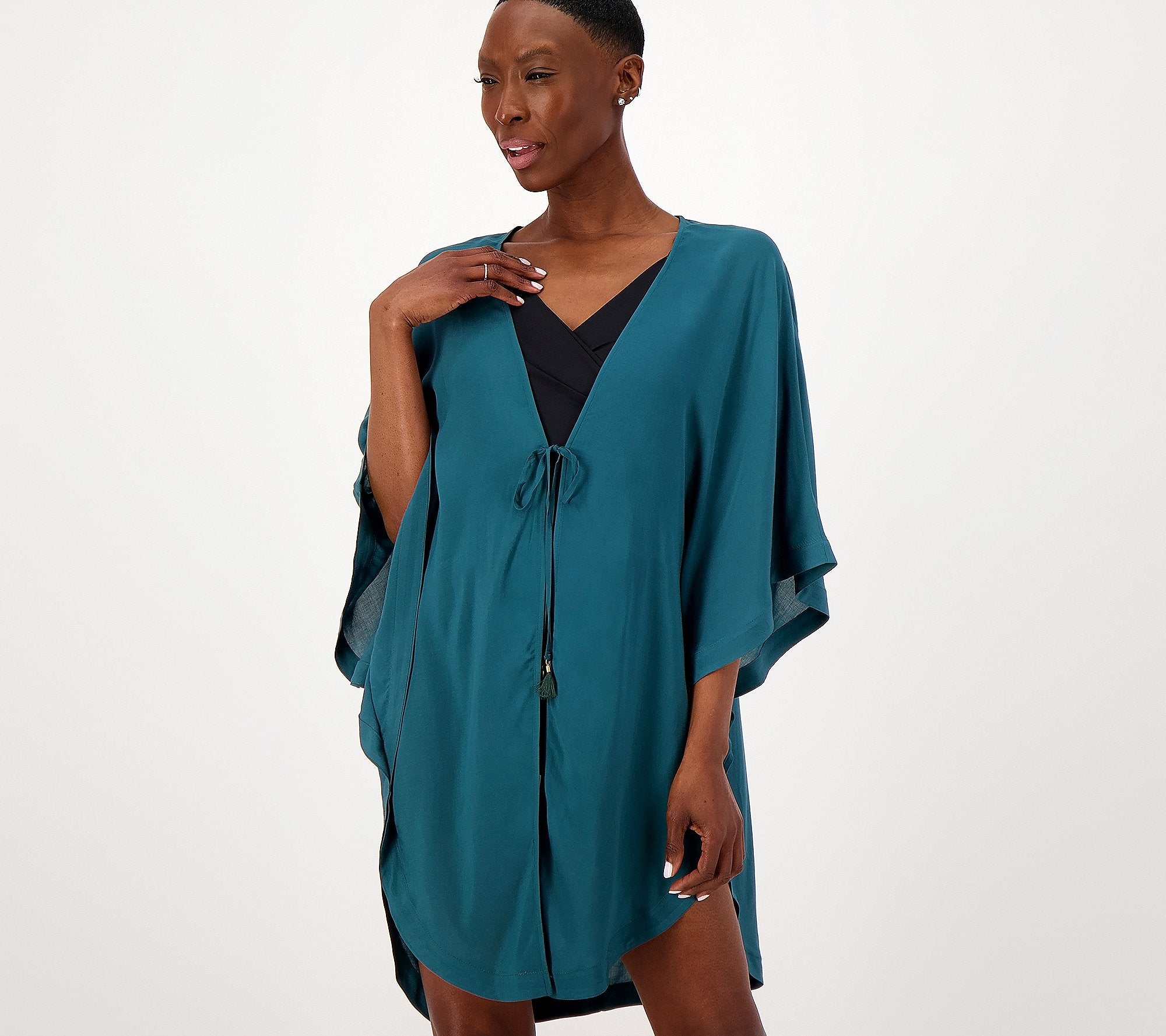 Woven Curve Hem Tie Front Cover-Up