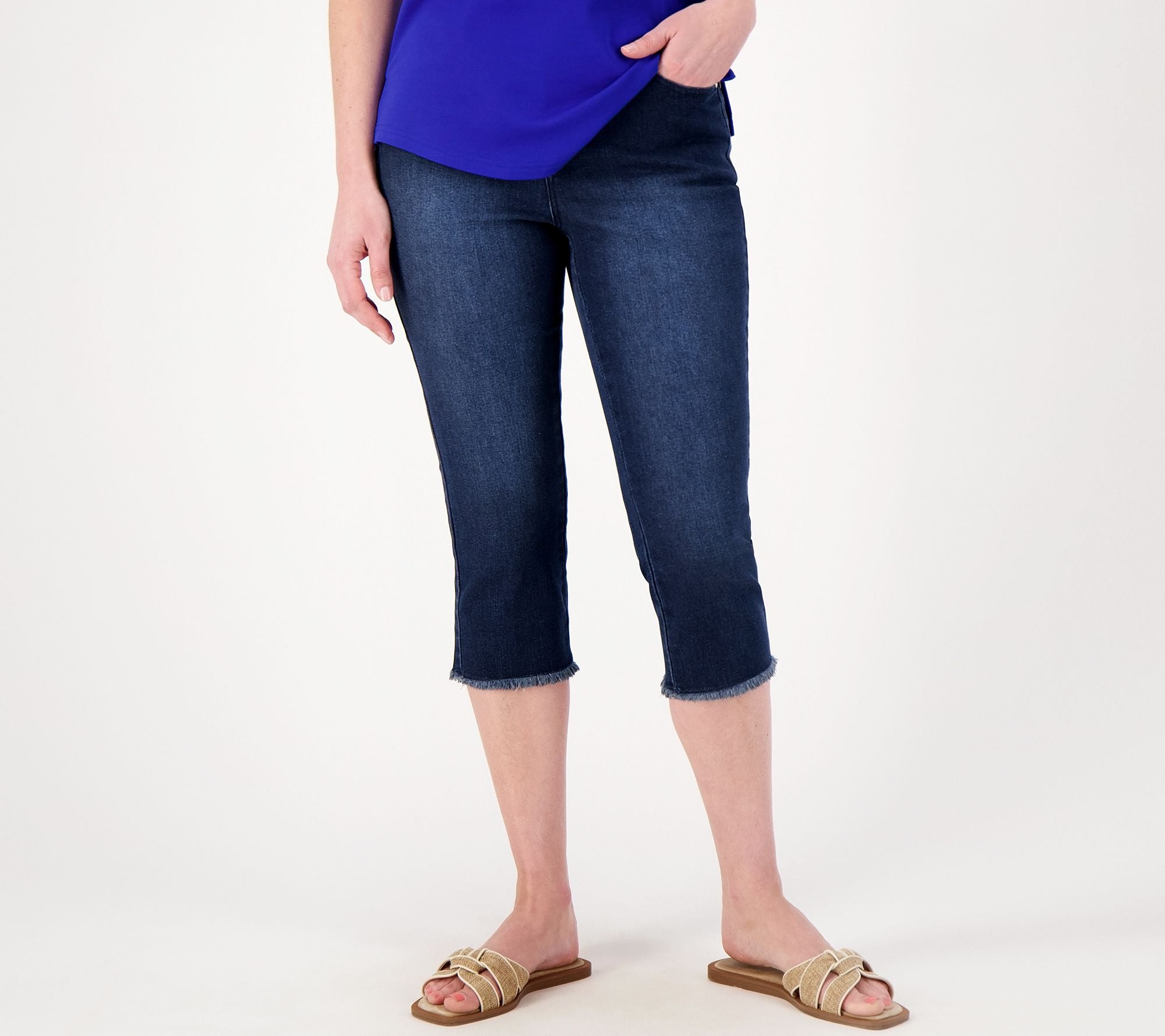 Belle by Kim Gravel TruTemp Capri Jeans with Frayed Hem - Dark Indigo