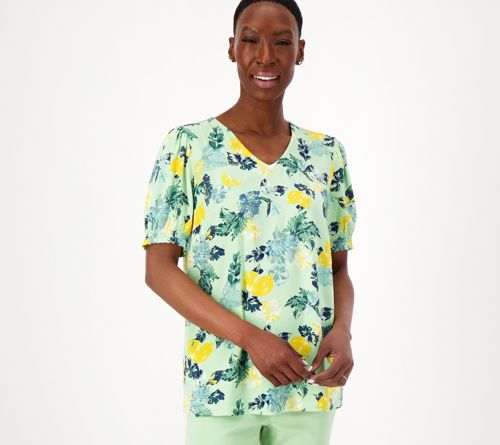 Printed Blouse with Smocked Sleeve Cuff