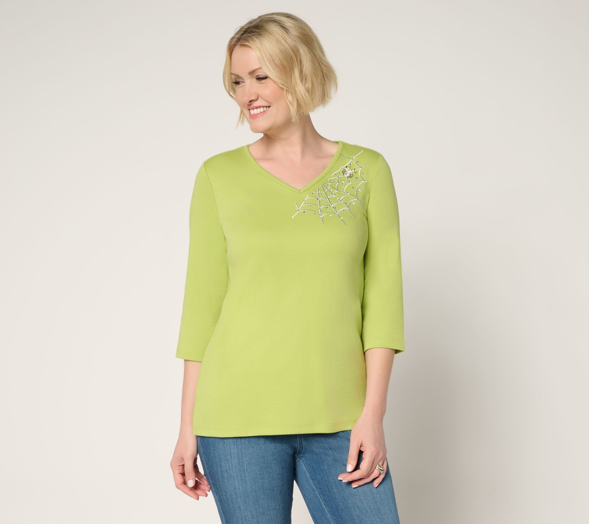 The Web Embroidered V-Neck 3/4 Sleeve Top - Apple Green
