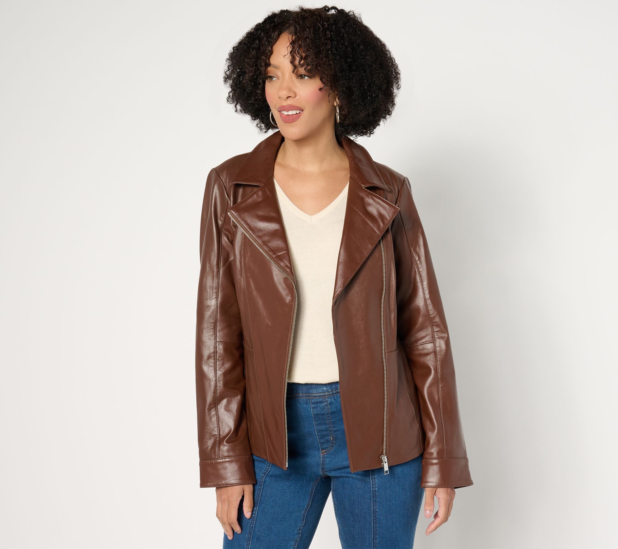 Lamb Leather Moto Jacket with Pockets - Dark Brown