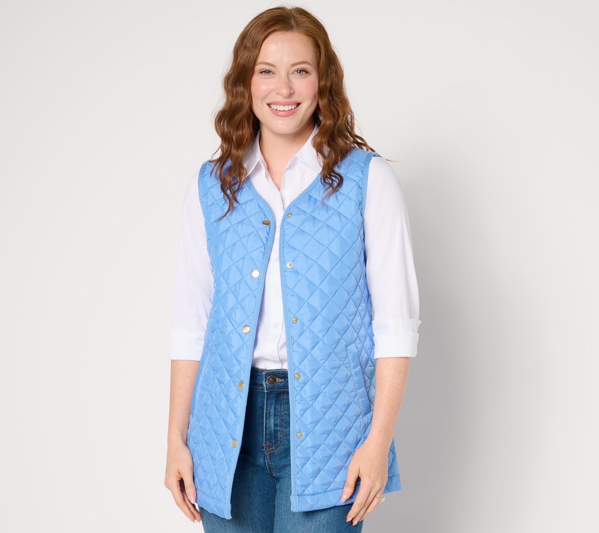 Heritage Quilted Sweater Snap-Front Tunic Vest - French Blue