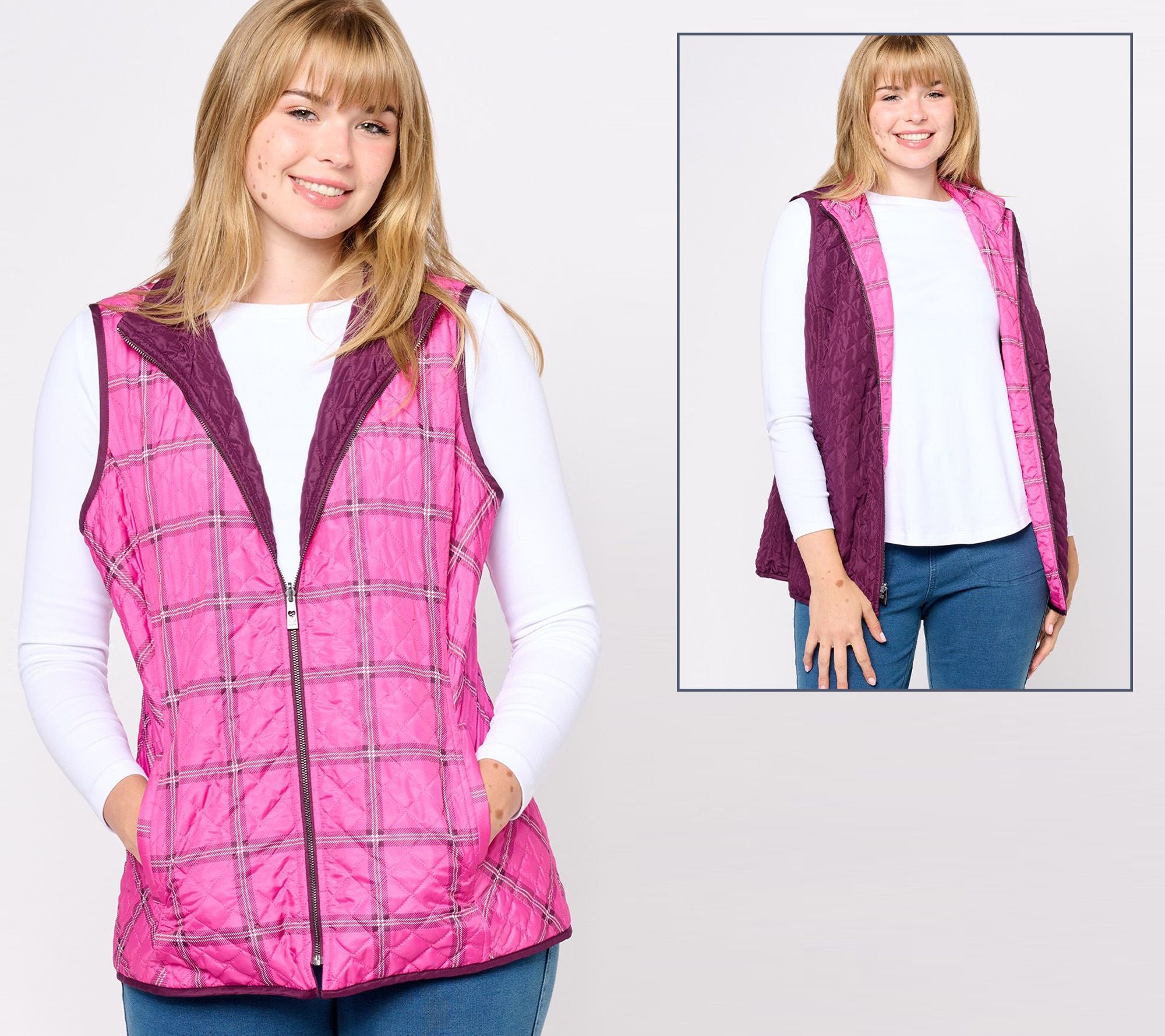 Reversibelle Mad for Plaid Print Zip Vest - Aubergine/Pink