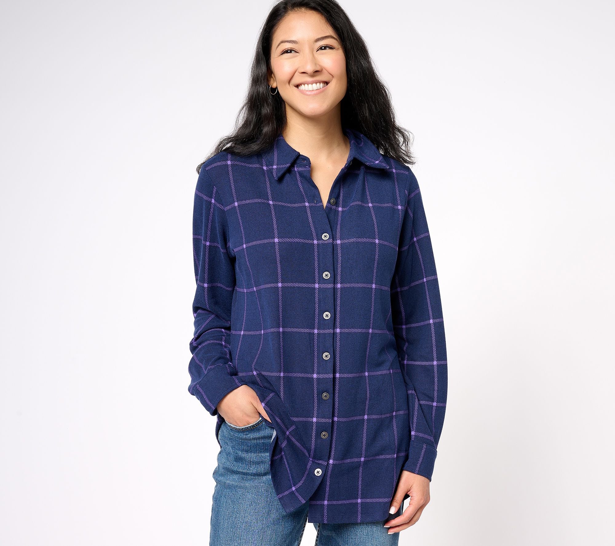 Heavenly Jersey Plaid Button Front Tunic w/ Pocket - Navy