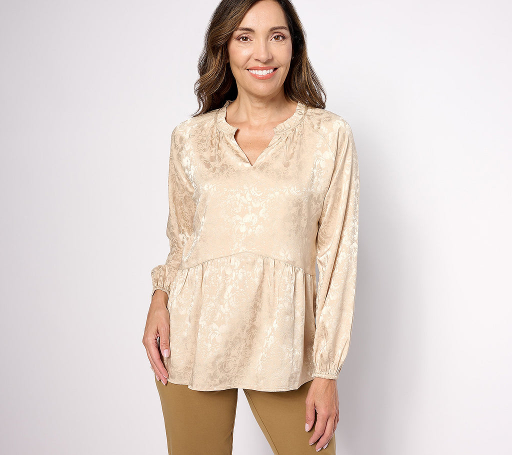Stretch Jacquard Shirred Peplum Blouse
