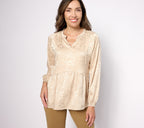 Stretch Jacquard Shirred Peplum Blouse