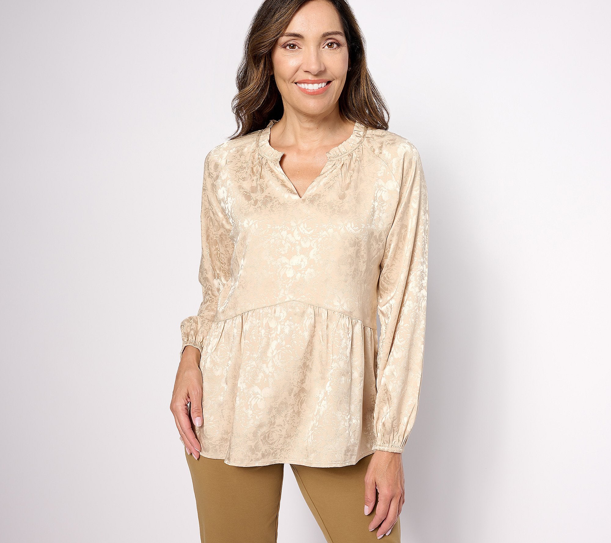 Stretch Jacquard Shirred Peplum Blouse