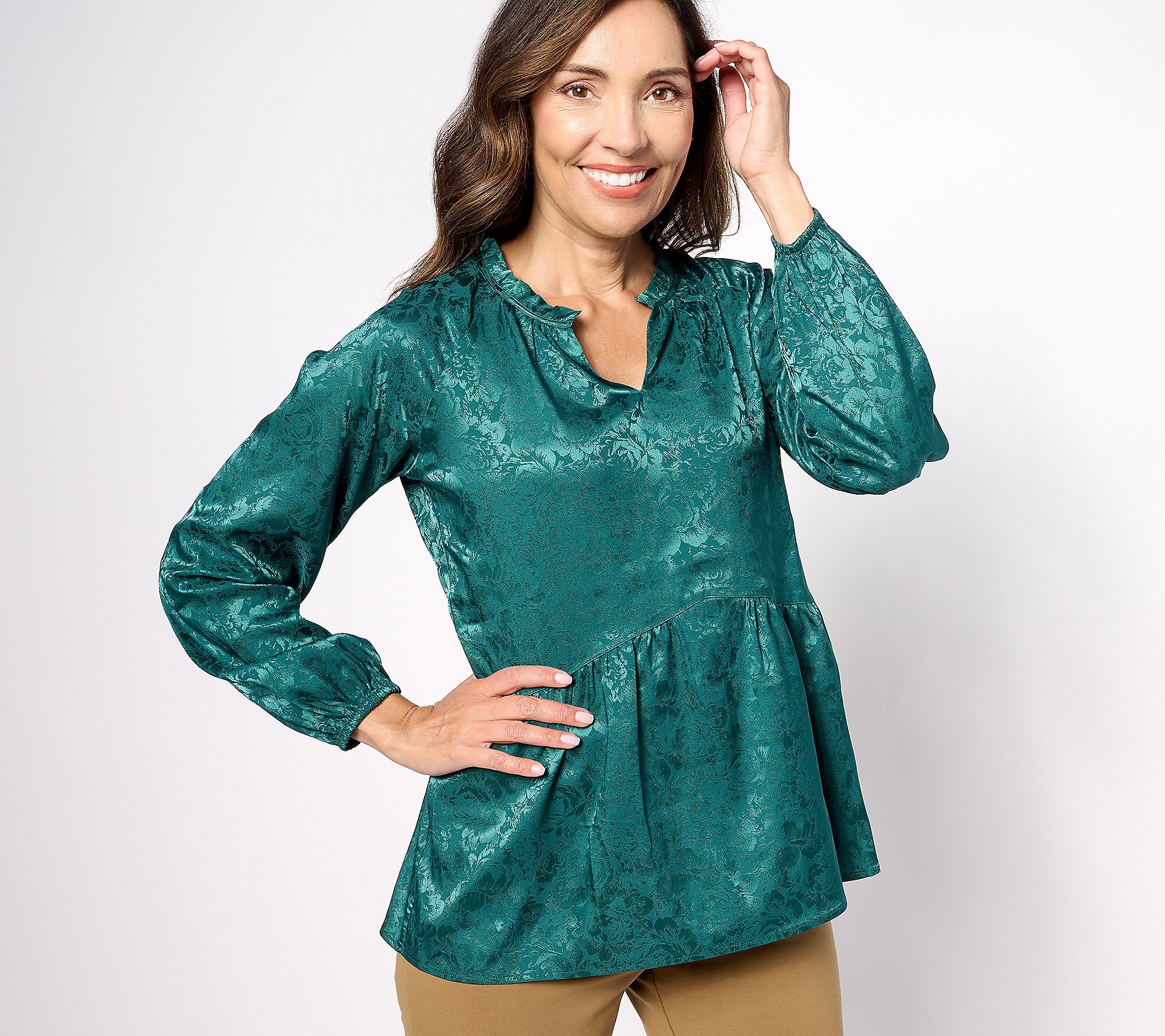 Stretch Jacquard Shirred Peplum Blouse