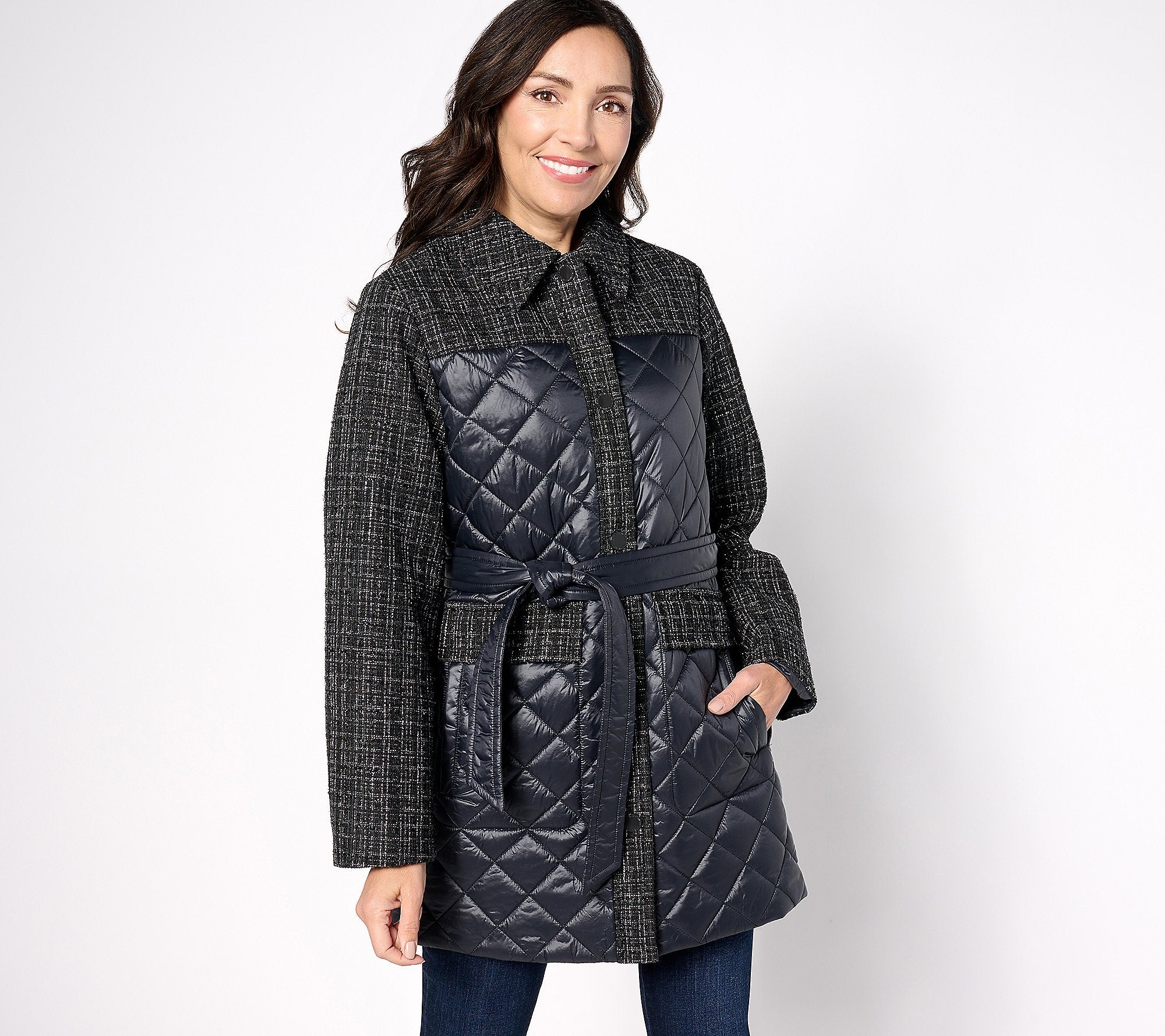 Quilted Belted Coat w/ Tweed Accents