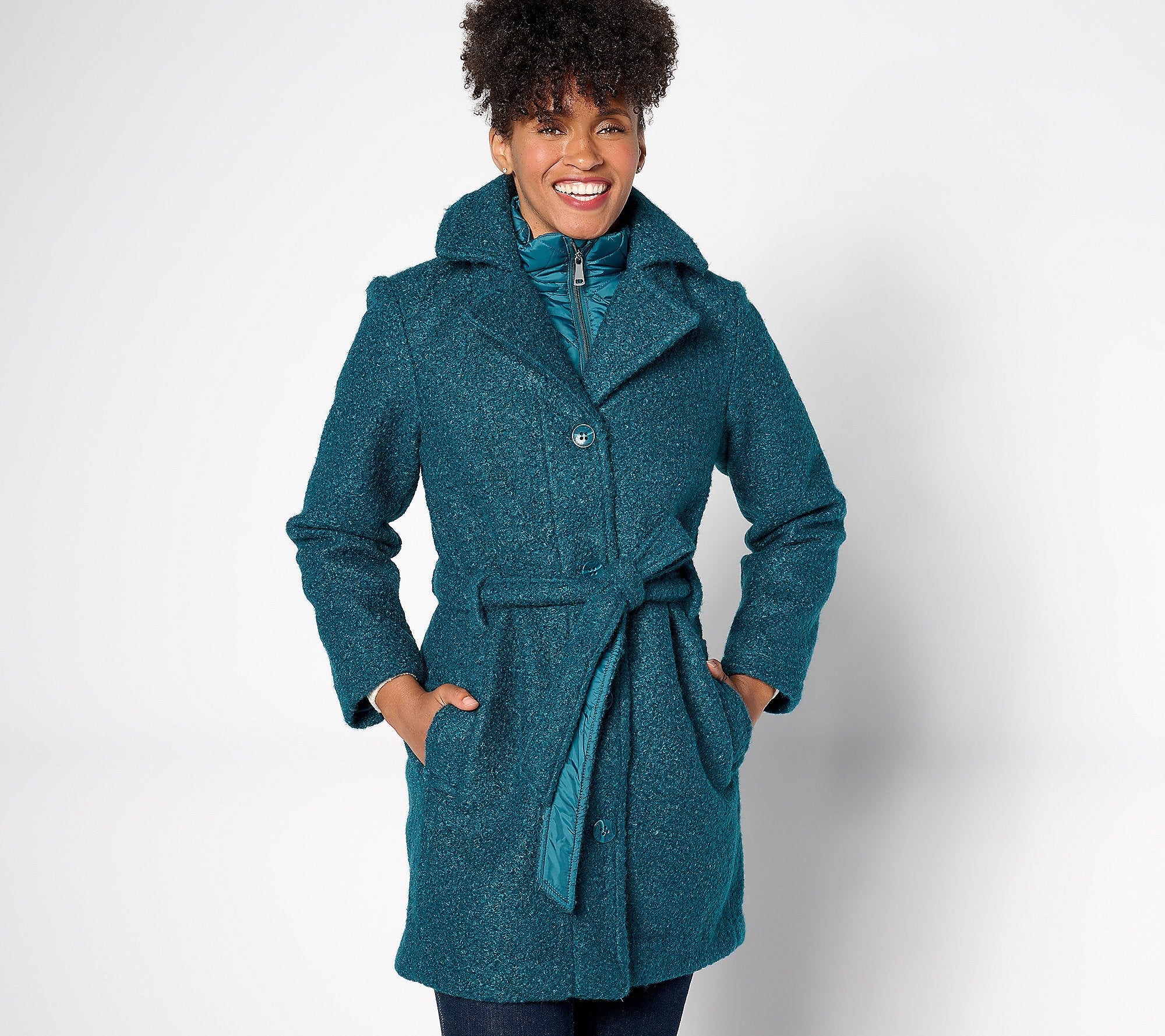 Boucle Belted Coat w/ Nylon