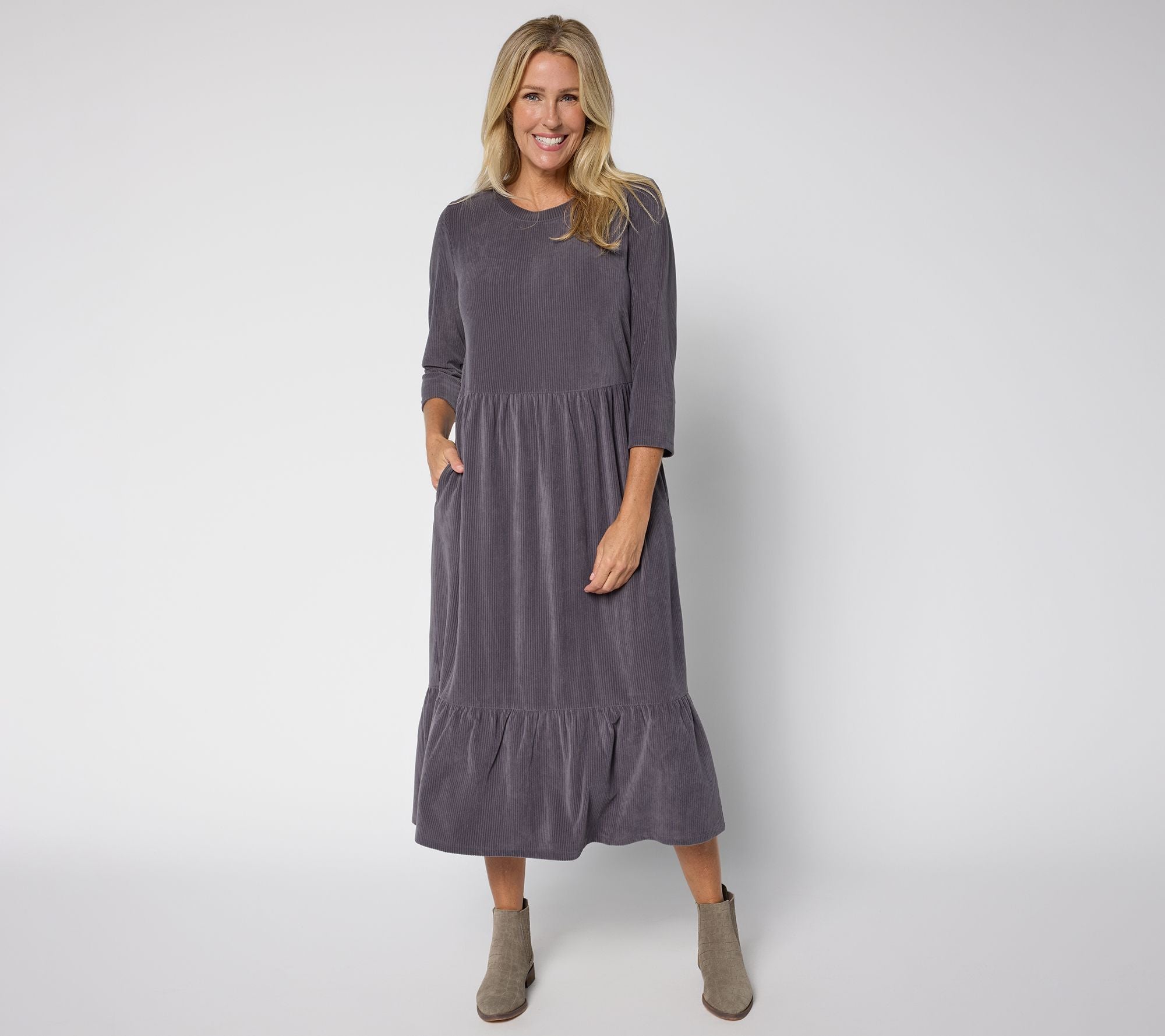 Heritage Velour Knit Midi Dress - Charcoal Grey