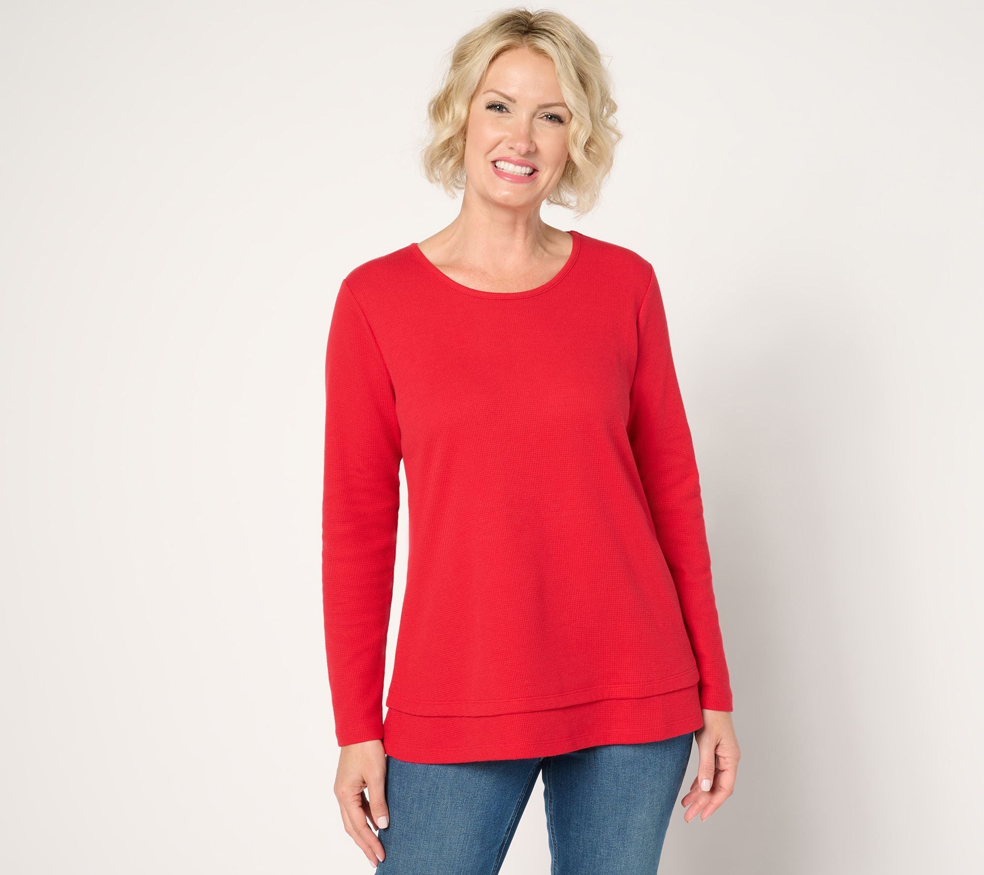 Essentials Waffle Knit Scoop Neck Swing Tunic - Fall Red