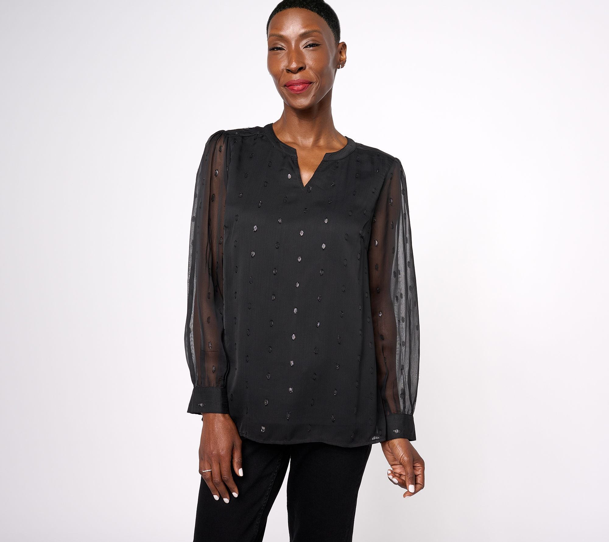Split V-Neck Lurex Detail Blouse - Black