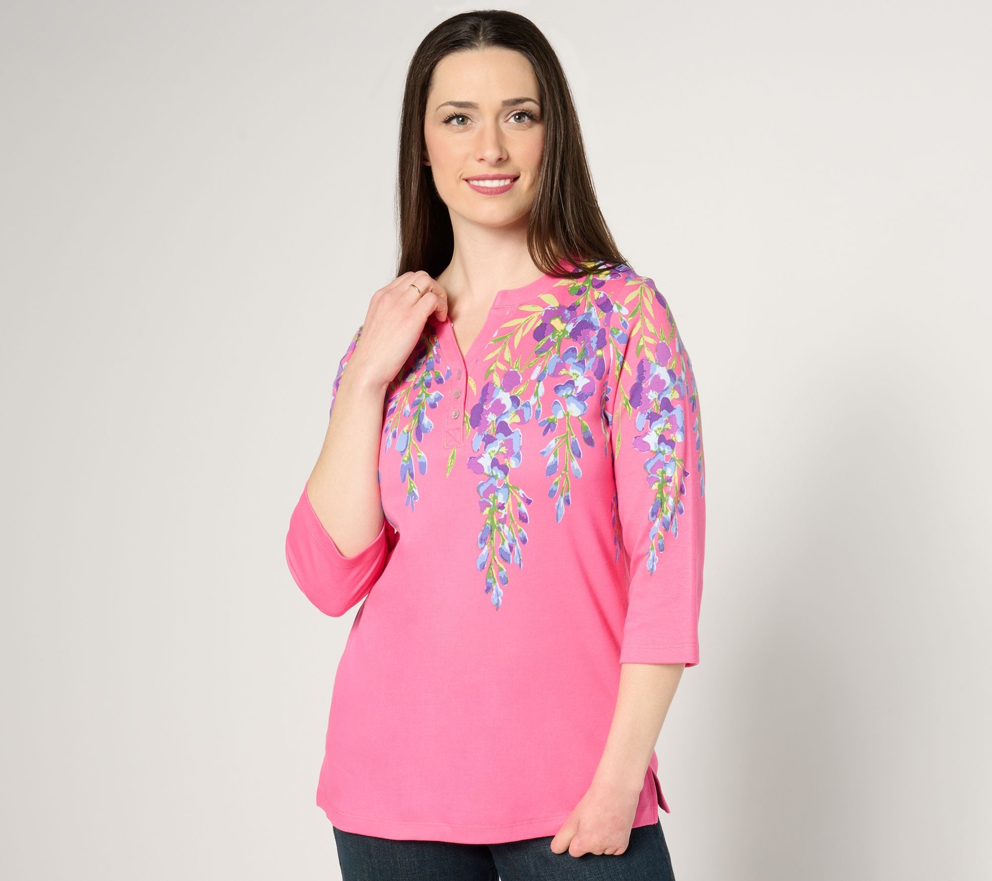 Printed Wisteria 3/4 Sleeve Split Neck Top - Azalea