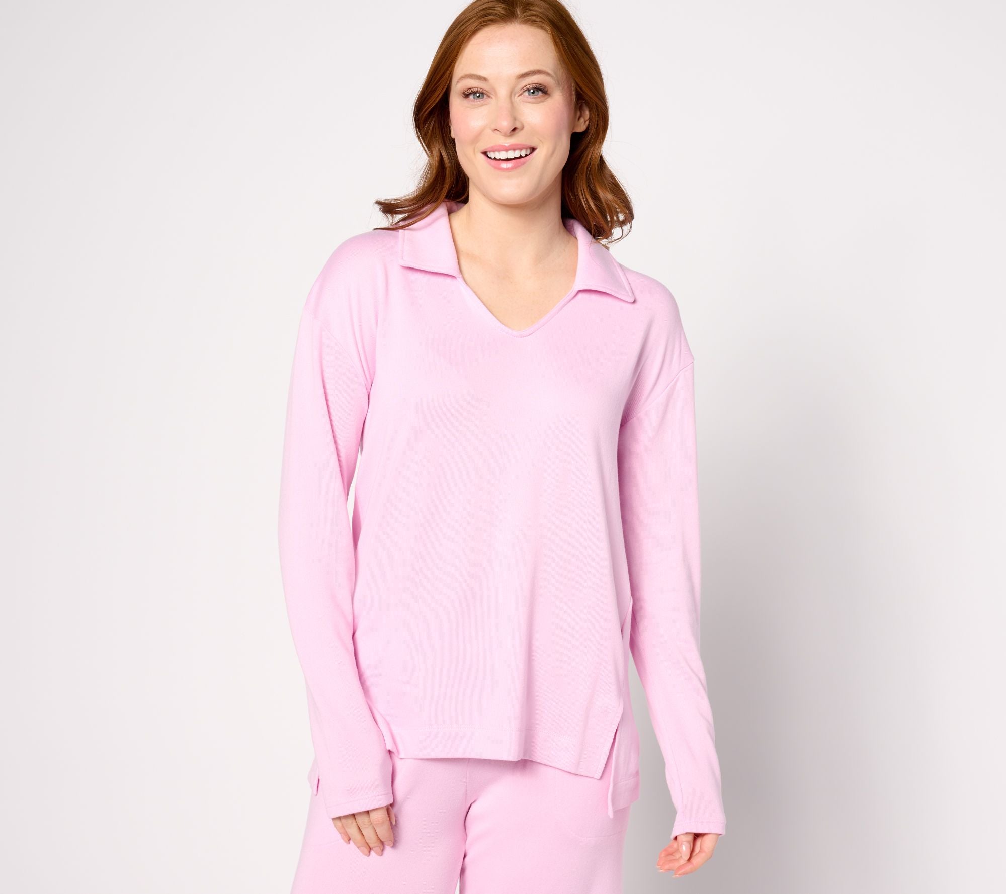 Collared V-Neck Long Sleeve Tunic - Lilac Blush