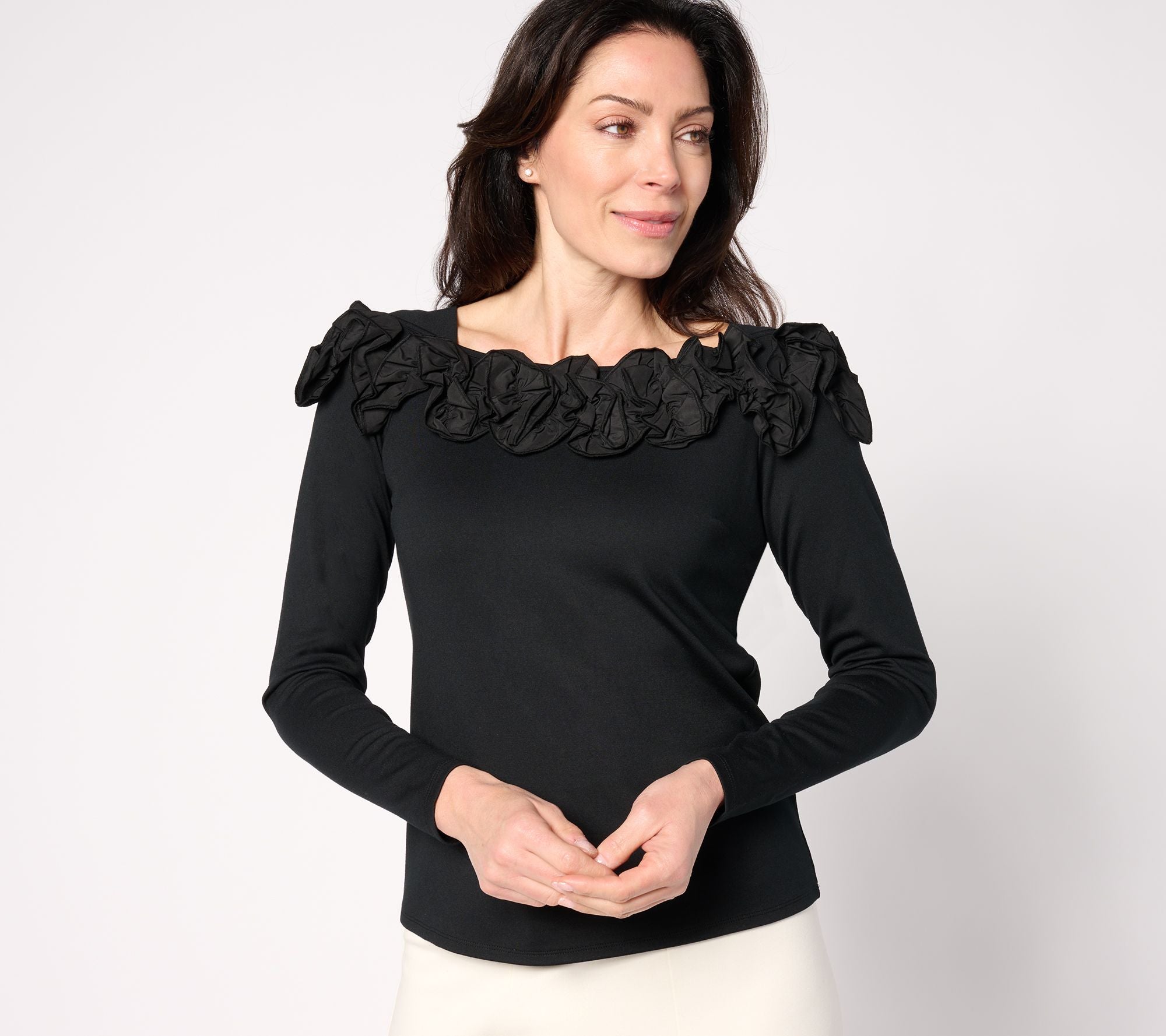 Silky Ponte Top with Rosette Detail - Black