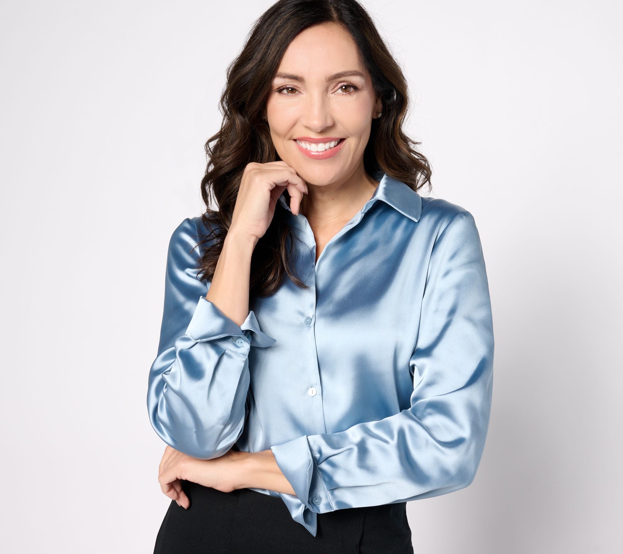The Joy Satin Button-Front Blouse - Dusty Blue