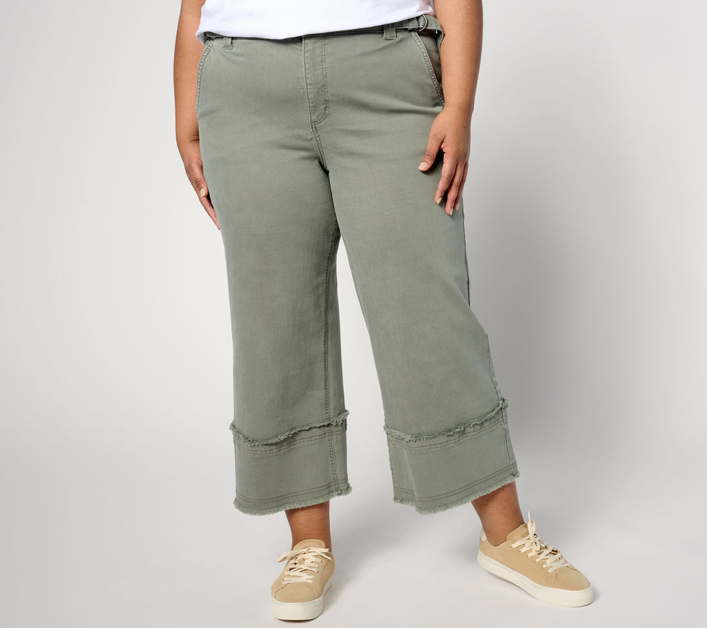 Wide Leg Raw Edge Crop Jeans - Olive