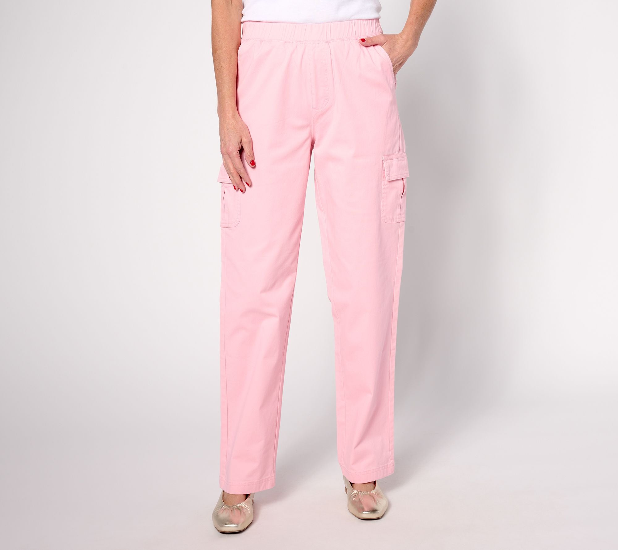 EasyWear Twill Pull-On Cargo Straight Leg Pants - Soft Pink