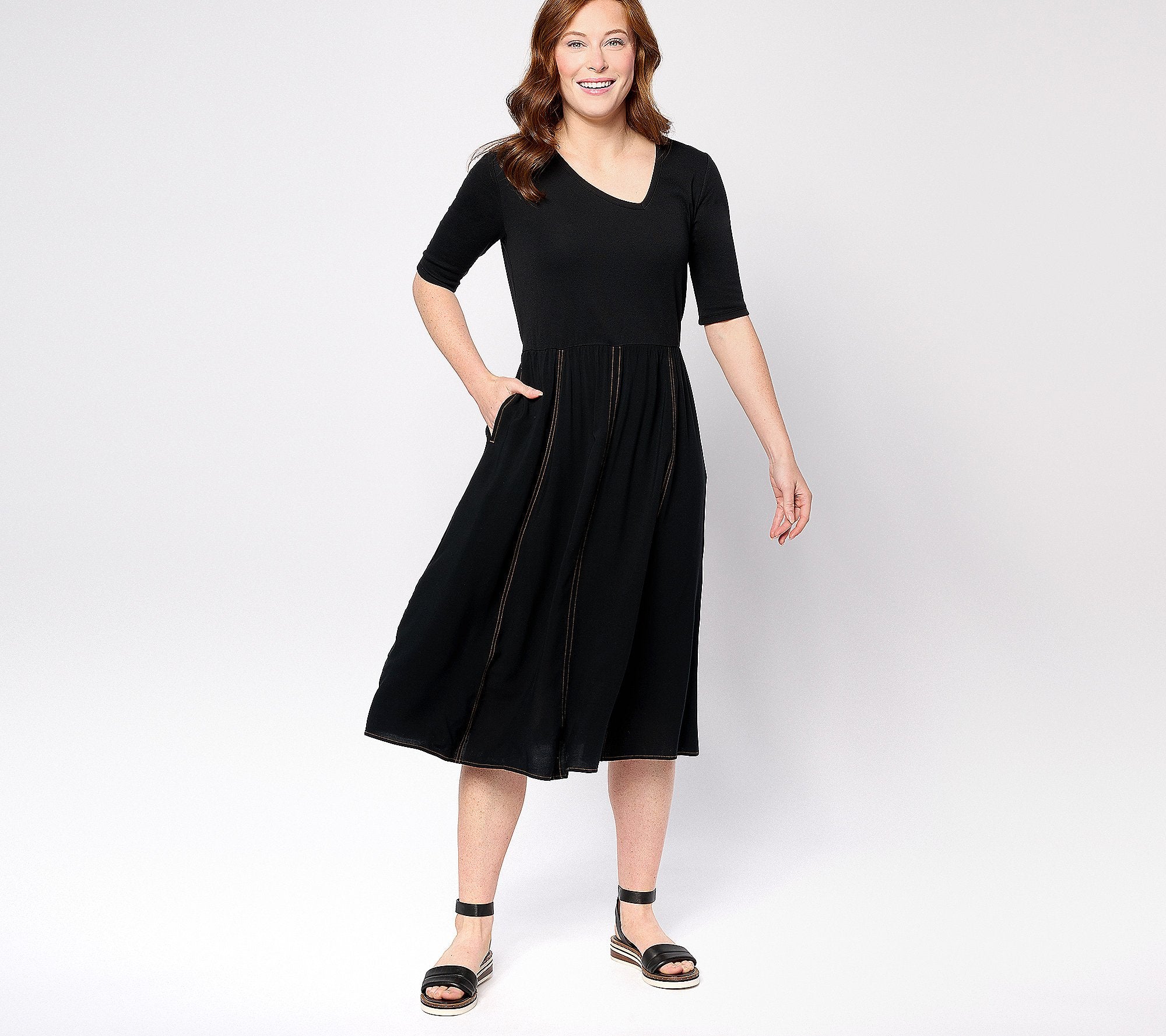 Knit to Woven Asymmetric V-Neck Dress