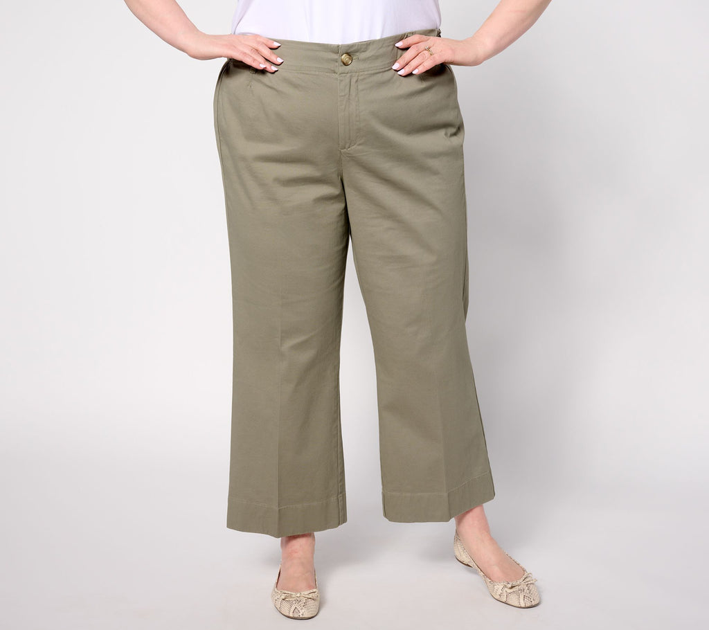 Joan Rivers Signature Twill Cropped Wide-Leg Pants - Soft Olive