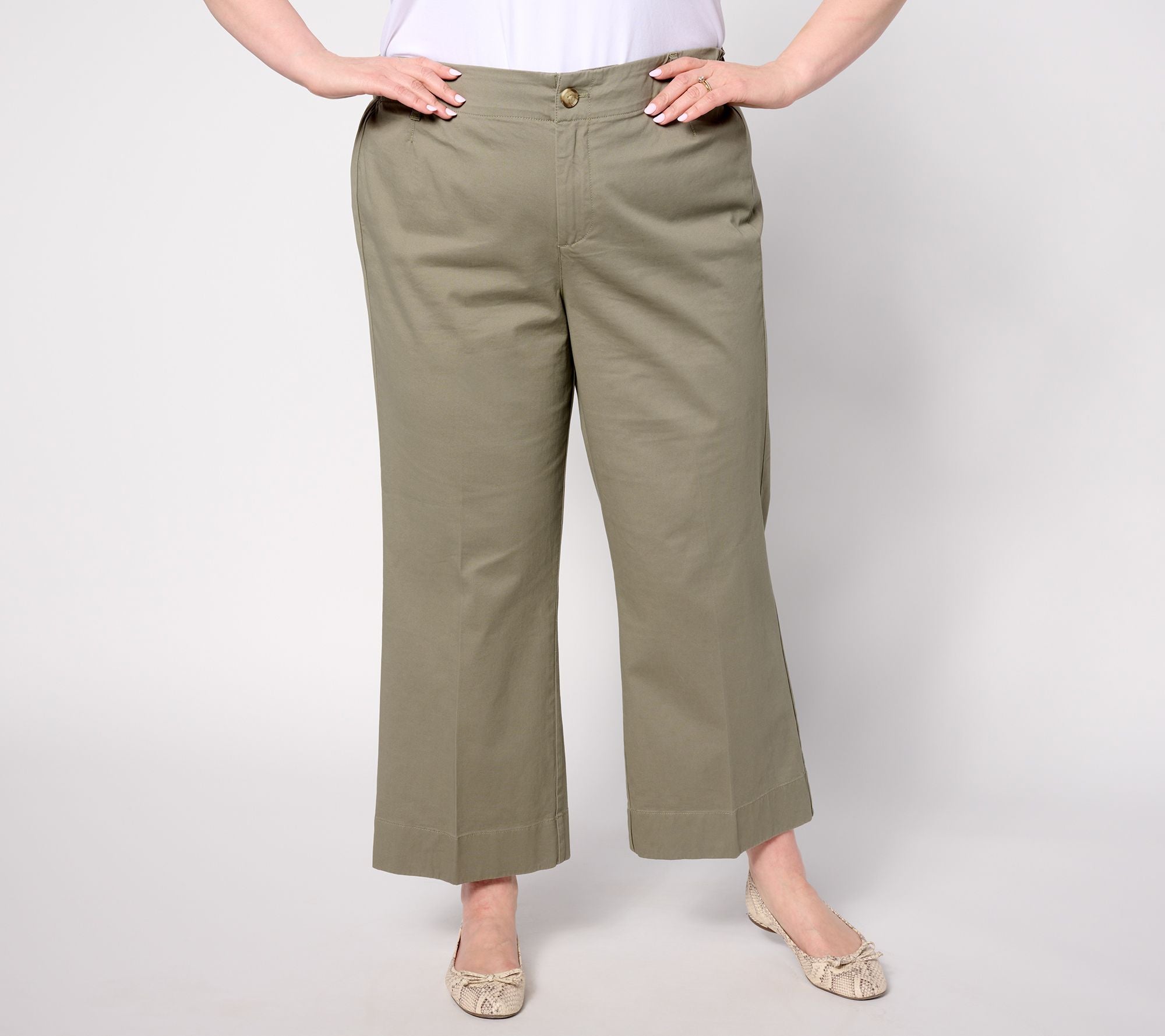 Joan Rivers Signature Twill Cropped Wide-Leg Pants - Soft Olive