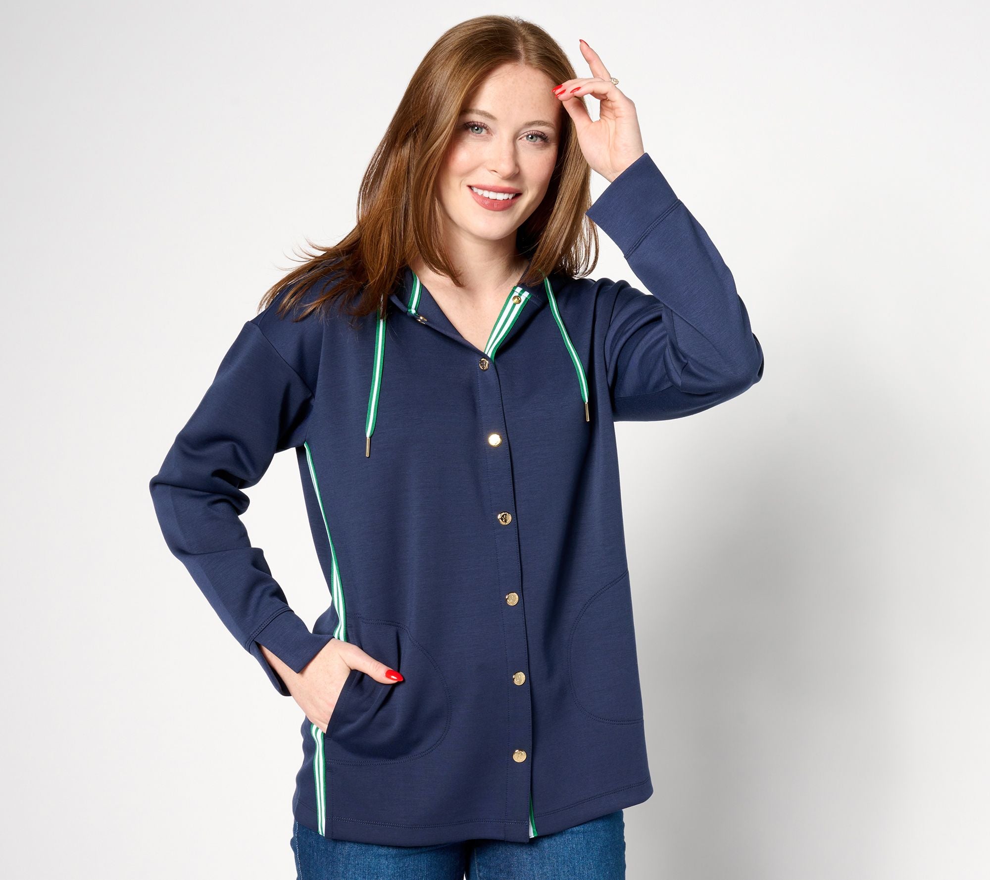 Clubhouse Scuba Knit Snap Front Tunic w/ Hood - Dark Navy