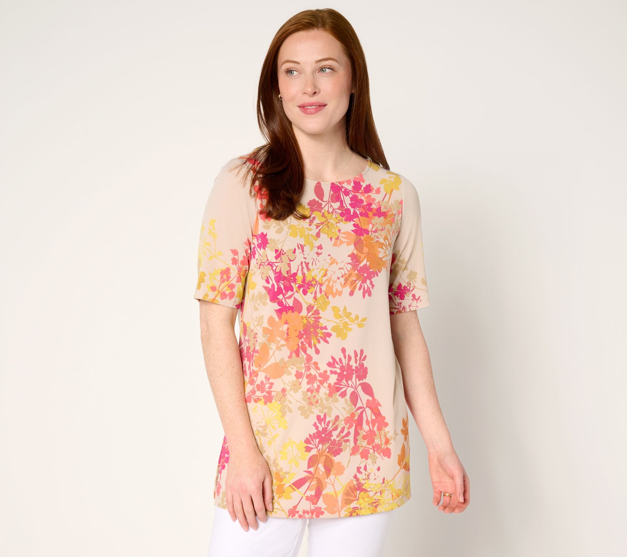 Printed Liquid Knit Elbow Sleeve Bateau Neck Top - Sand/Citrus