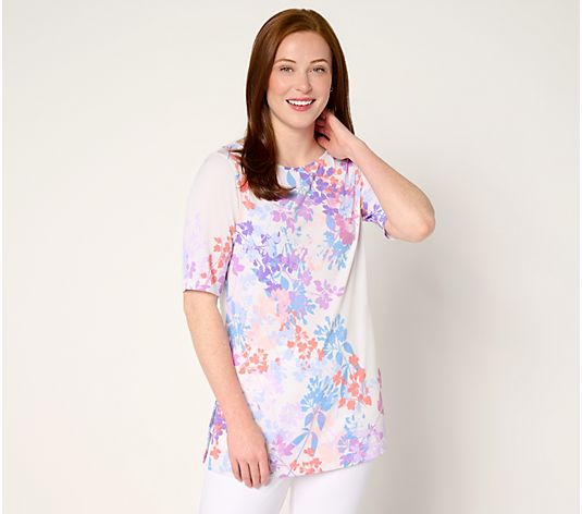 Printed Liquid Knit Elbow Sleeve Bateau Neck Top