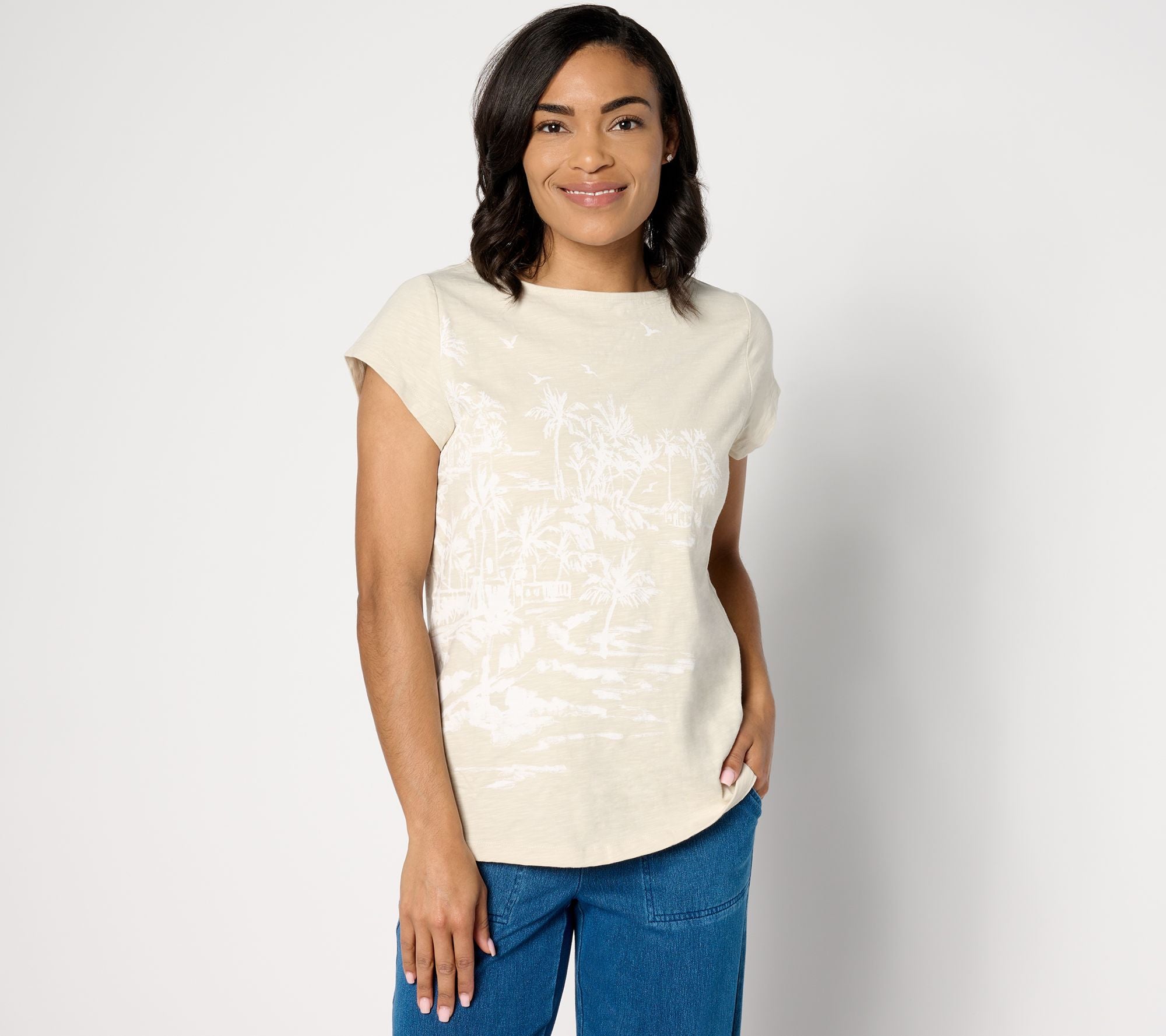 Printed Texture Knit Boat Neck Cap Sleeve Top - Stone Khaki