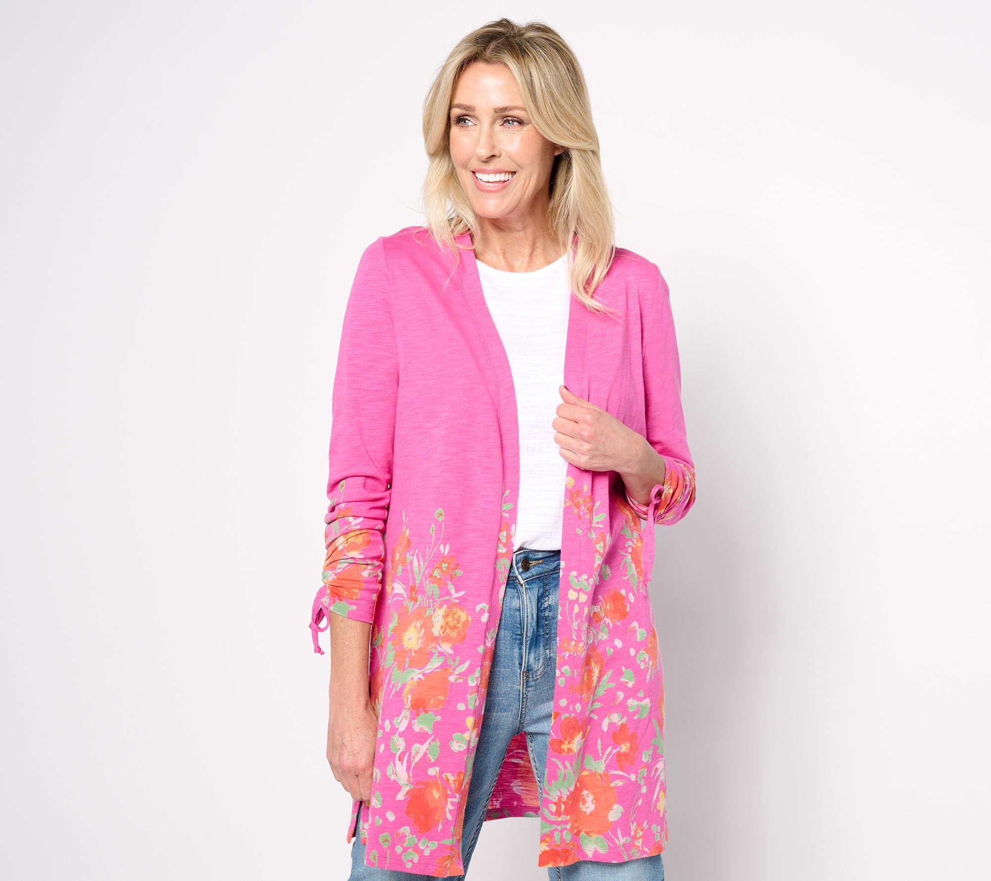 Colorful Garden Slub Knit Cardigan - Shocking Pink