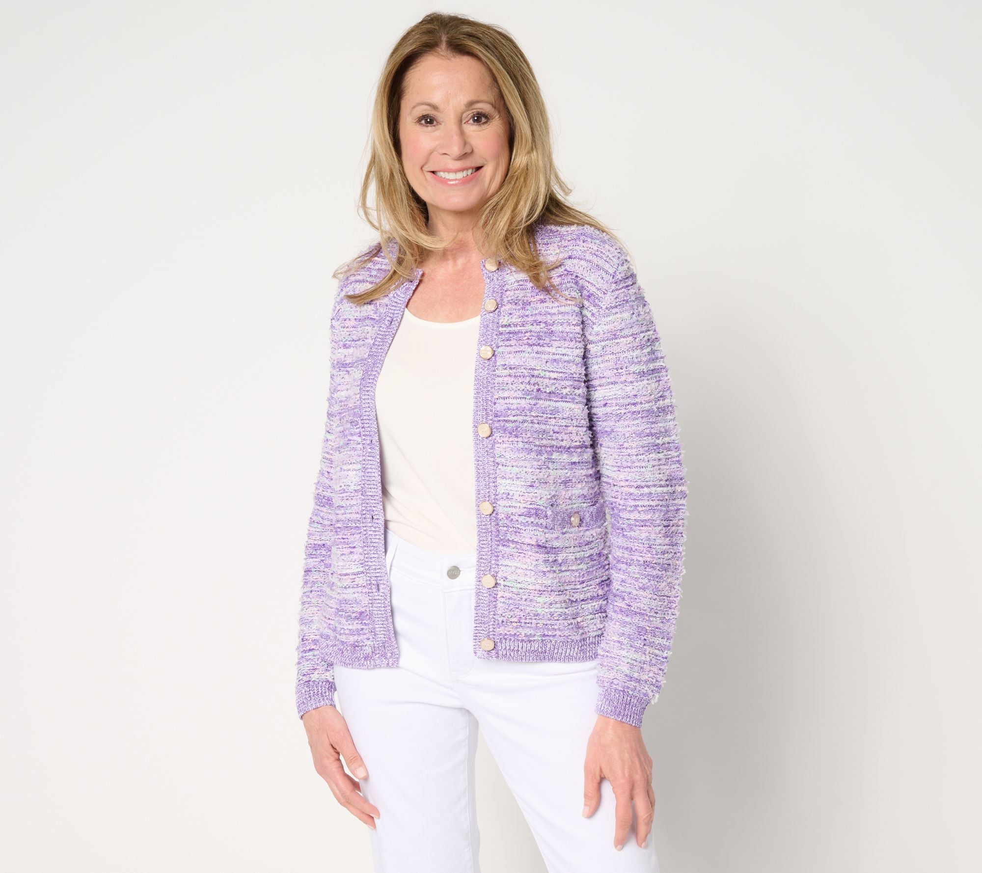 Charming Eyelash Cardigan with Crew Neckline - Purple