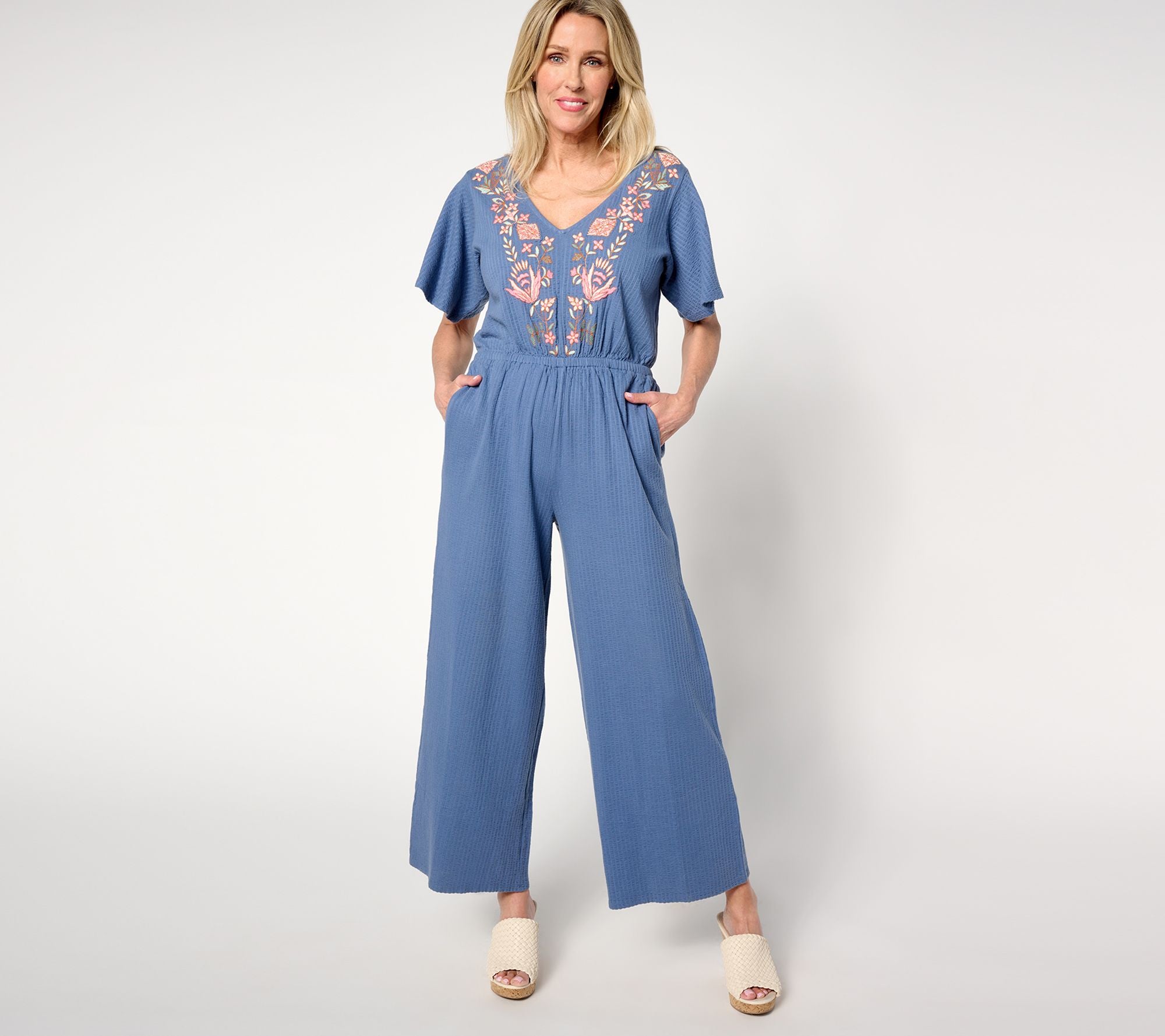 Embroidered Short Sleeve Jumpsuit - Dark Chambray
