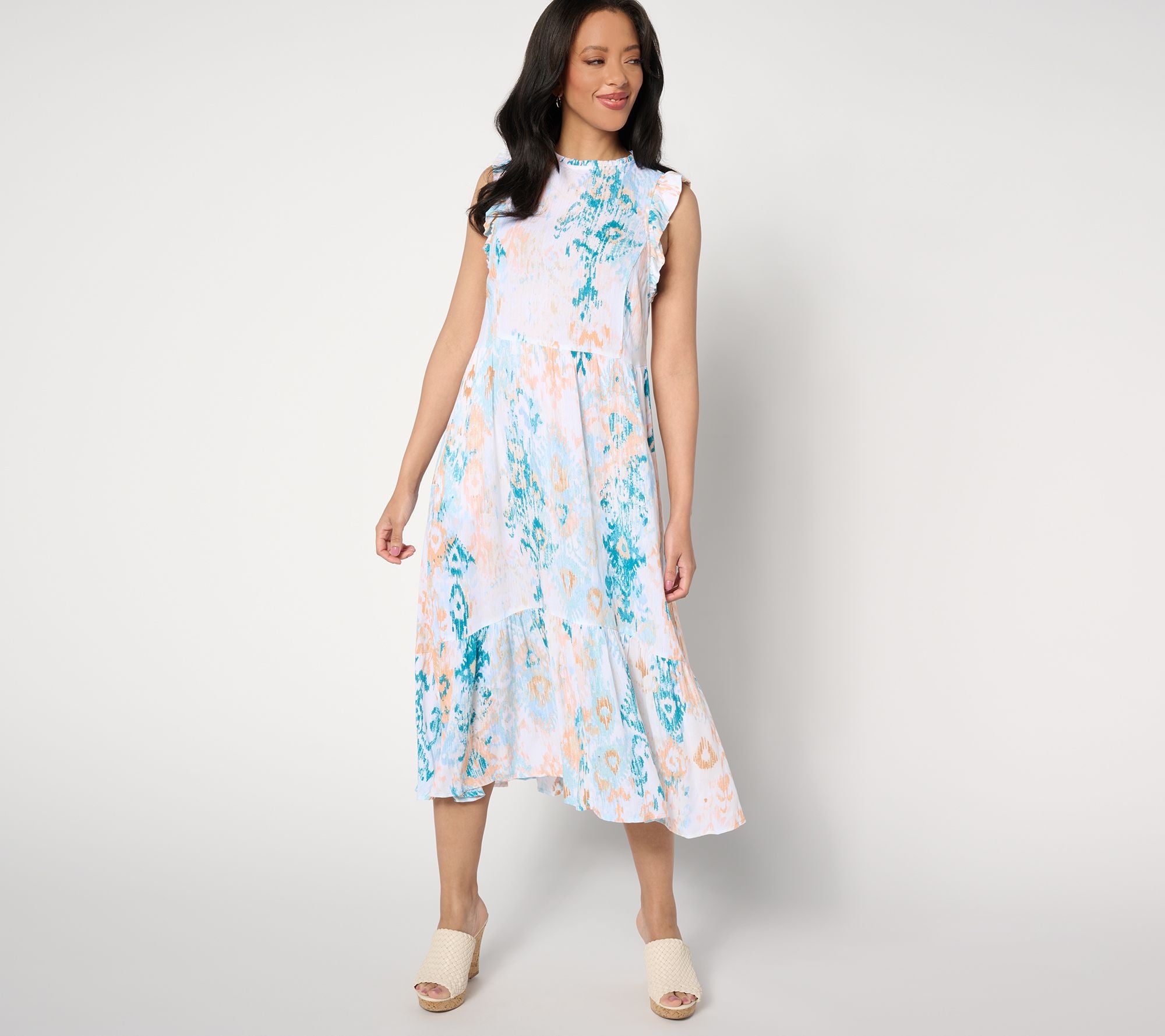 Canyon Retreat Ruffle Sleeve Midi Dress - Turq Ikat