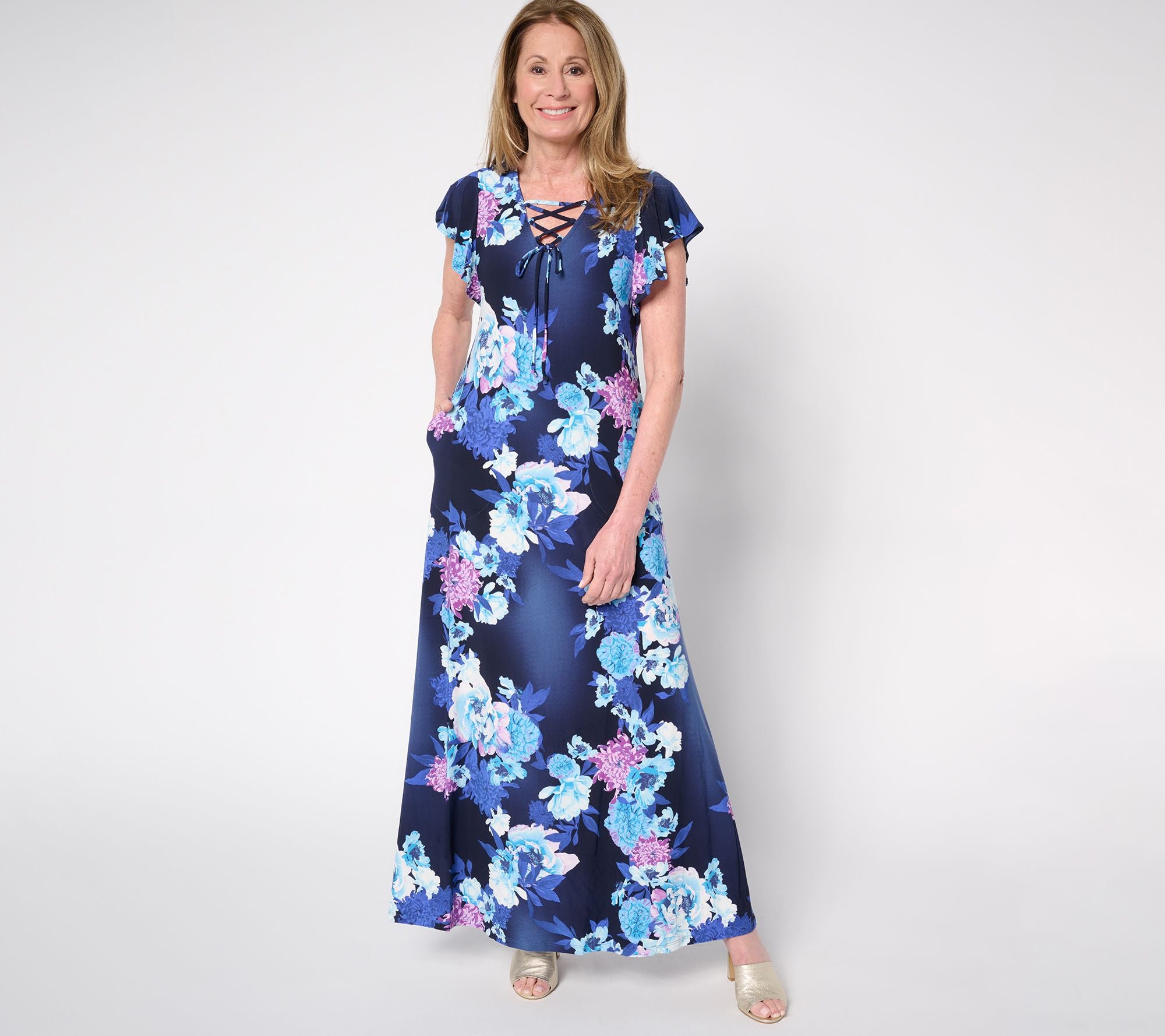 Como Jersey Lace Up Front Maxi Dress - Navy Floral