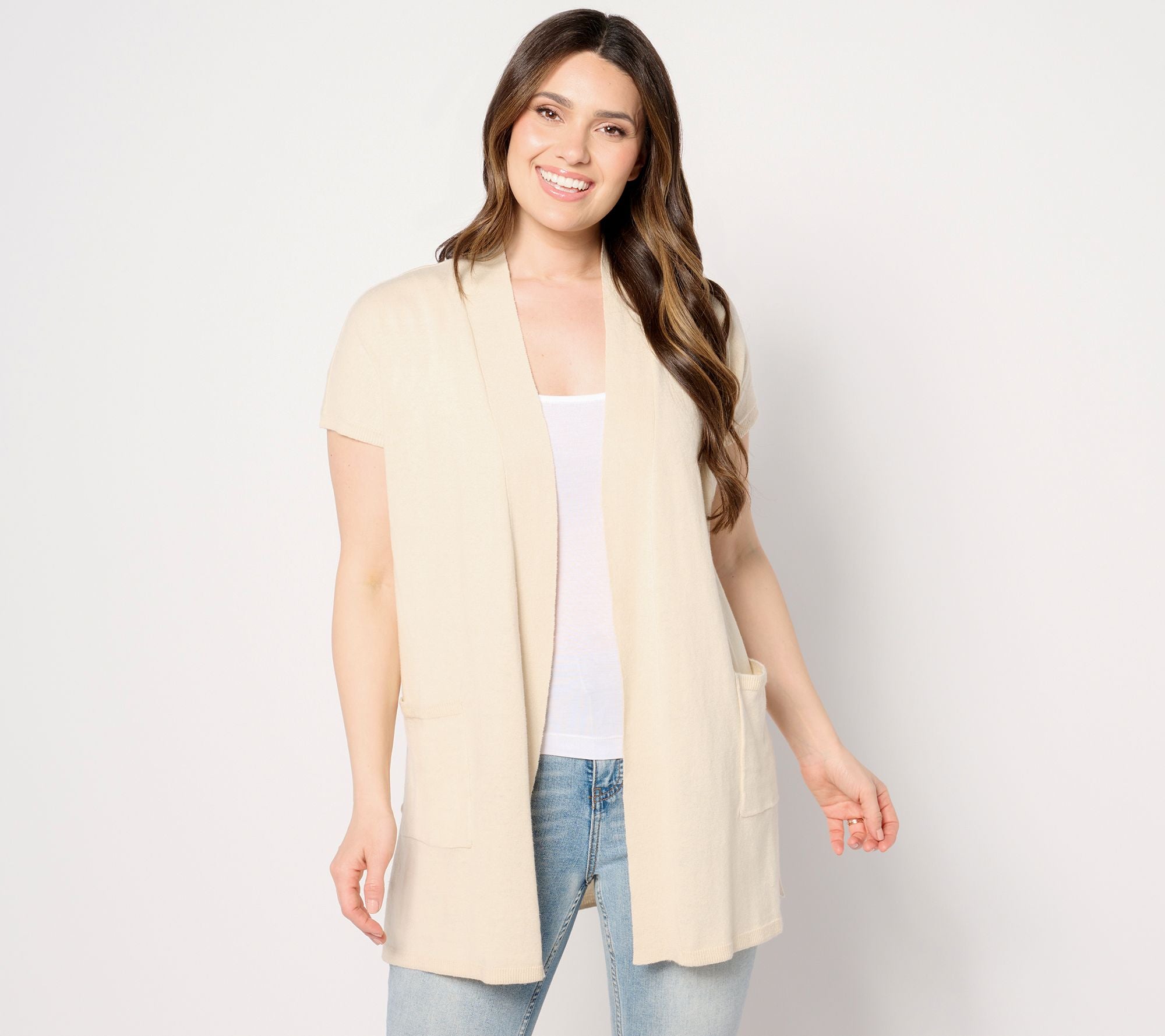 Naturals Short Sleeve Tunic Cardigan - Stone Khaki
