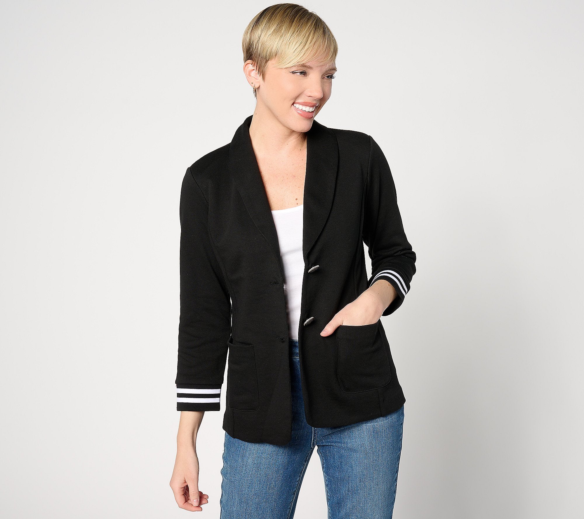 Weekend Marina Knit 3/4-Sleeve Blazer with Rib Knit Cuffs