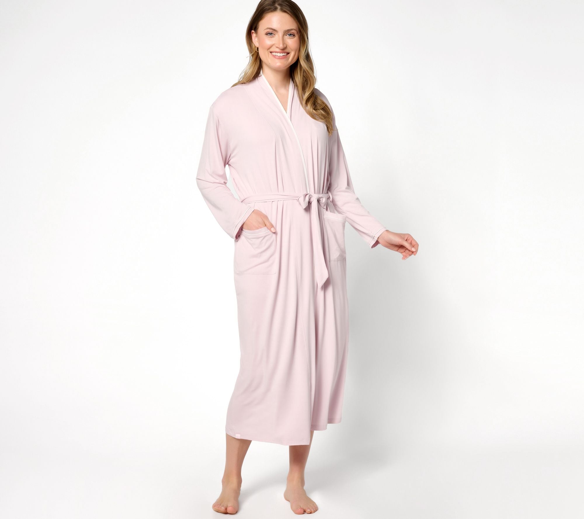 Malibu Collection Soft Jersey Lounge Piped Long Robe - LotusPink/White