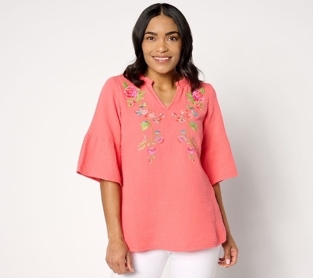Belle Beach by Kim Gravel Cotton Gauze Boho Blooms Embroidered Top - SunKissed Coral