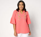 Belle Beach by Kim Gravel Cotton Gauze Boho Blooms Embroidered Top - SunKissed Coral