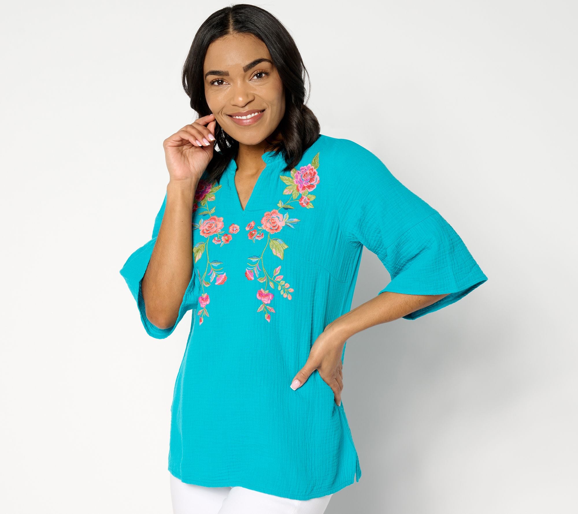 Belle Beach by Kim Gravel Cotton Gauze Boho Blooms Embroidered Top - Amalfi Blue