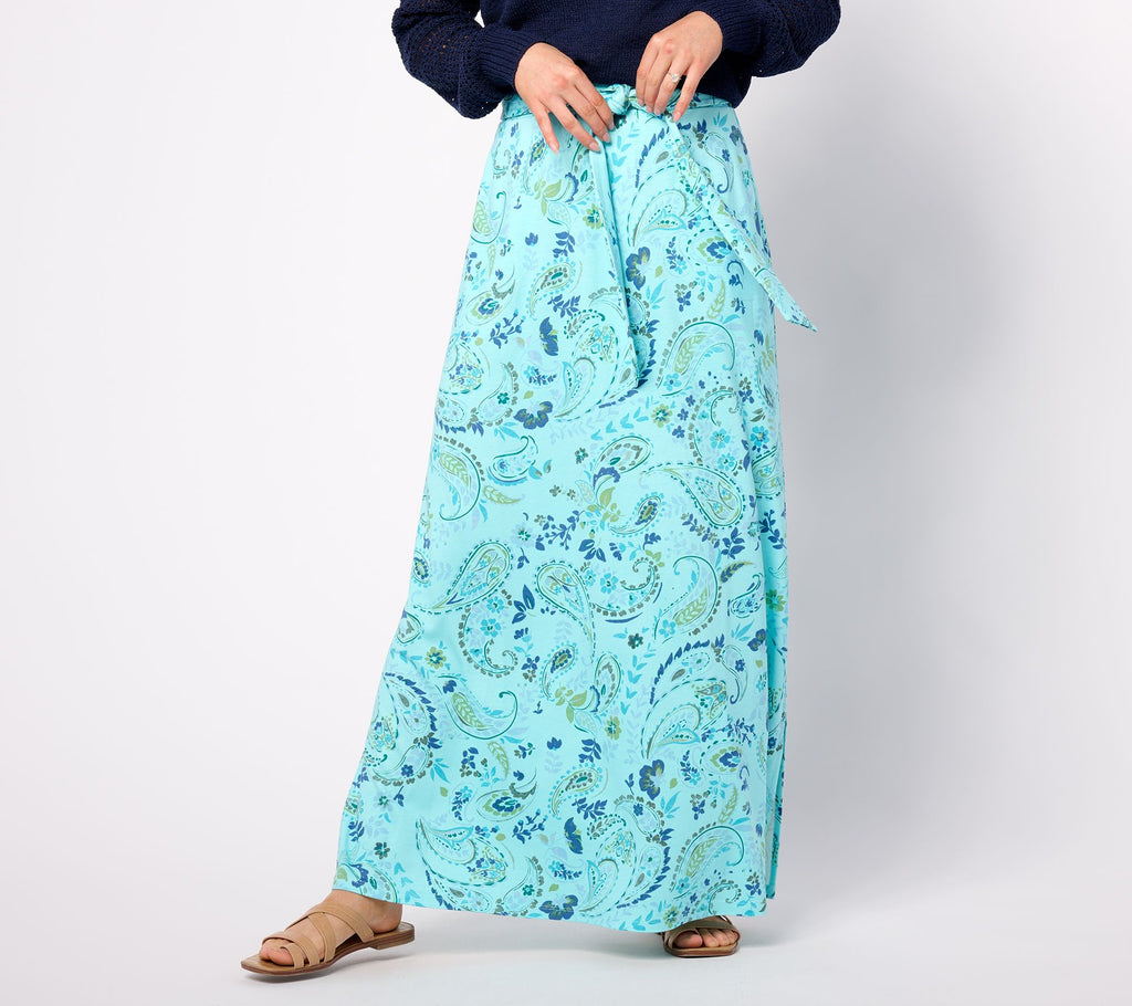 Printed Double Knit Jersey Maxi Skirt - Capri Aqua