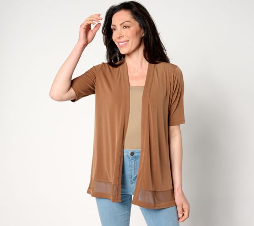 Liquid Knit Elbow Sleeve Cardigan with Mesh Inset