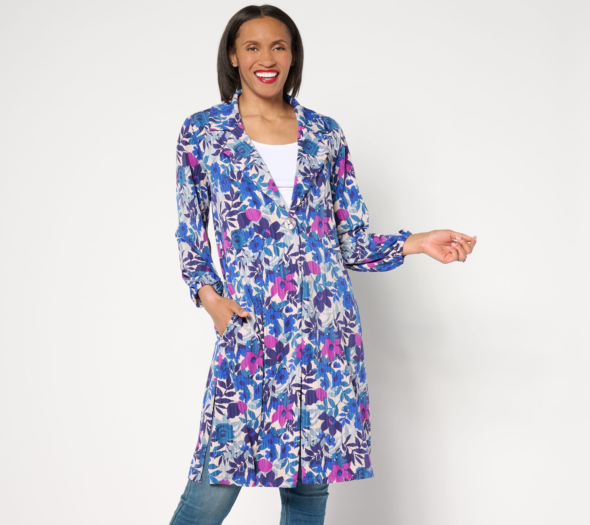Printed Liquid Knit Duster with Blouson Sleeves - Indigo/Orchid